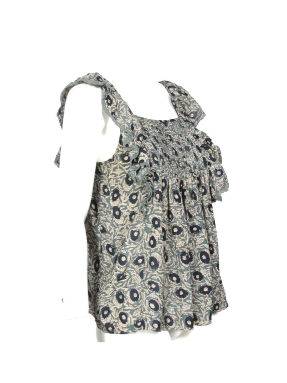 SEA NEW YORK Floral Block Print Green Blue Ruffle Flutter Sleeve Top size 2 /577